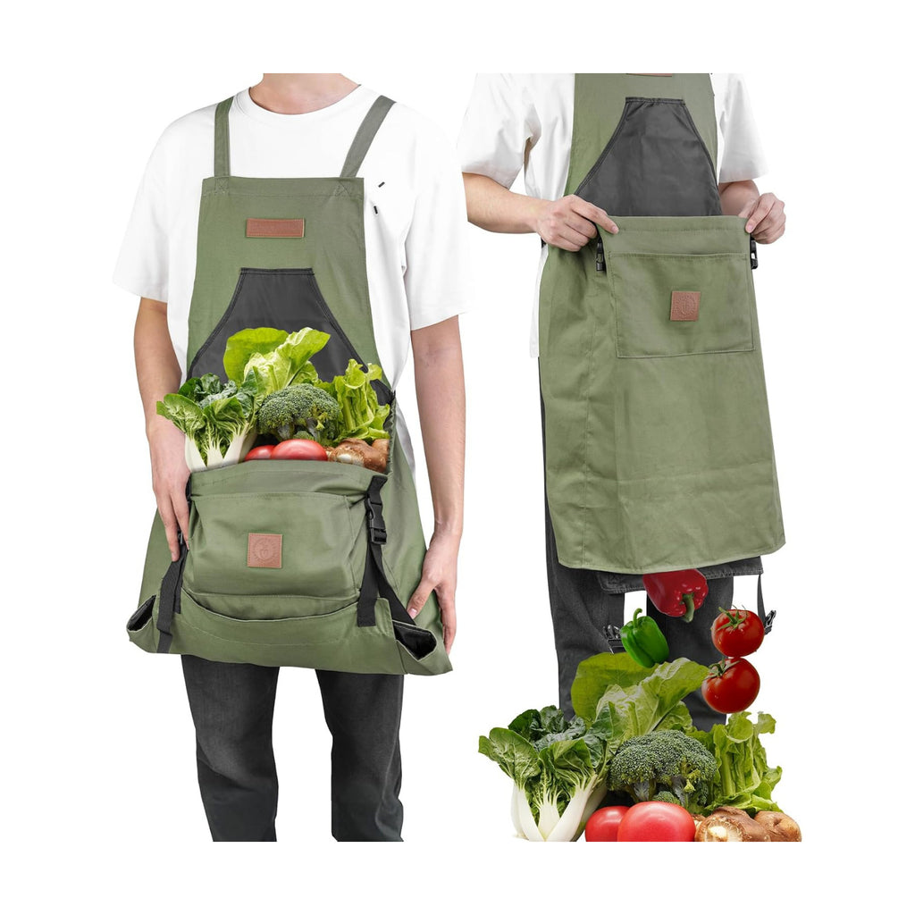 Berry&Bird Harvest Apron, Canvas Gardening Apron with Pockets and Harvesting Pouch Waterproof Harvesting Apron