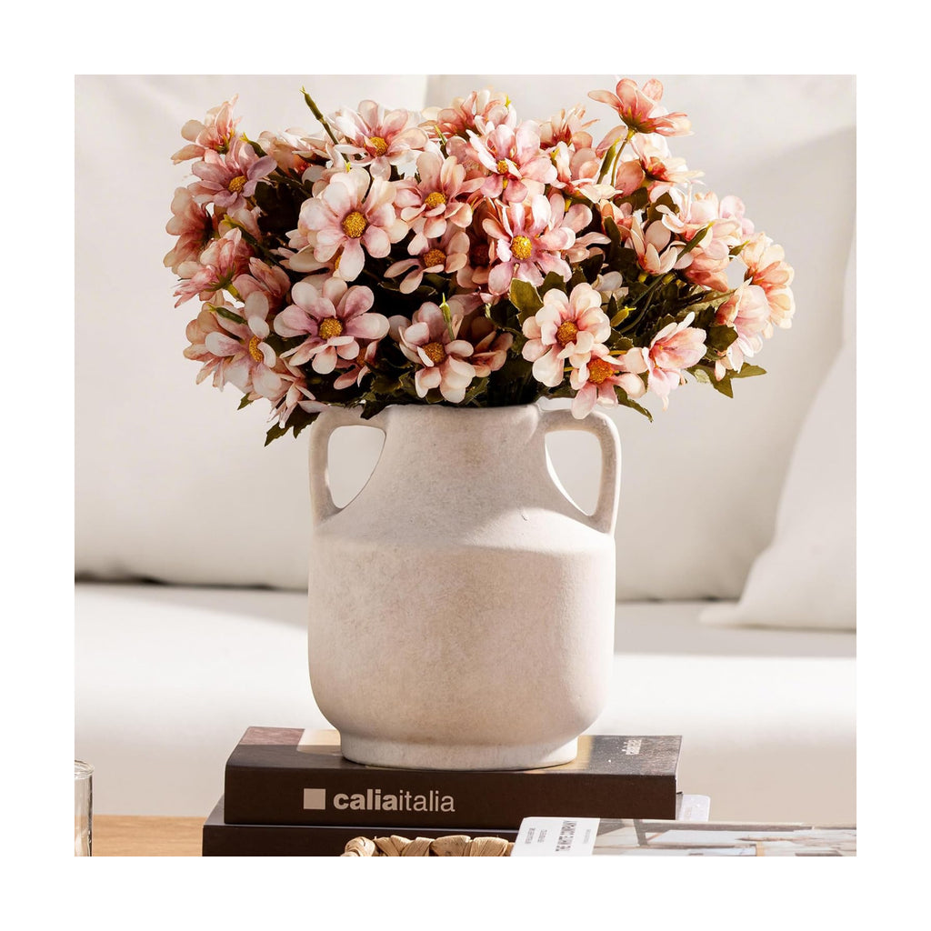 Mitt&Ditt Ceramic Flower Vase with Handles, 8 inch Tall Off-White Vase, Decorative Terracotta Vases, Farmhouse Rustic Pottery Vases for Home Decor, Living Room, Table