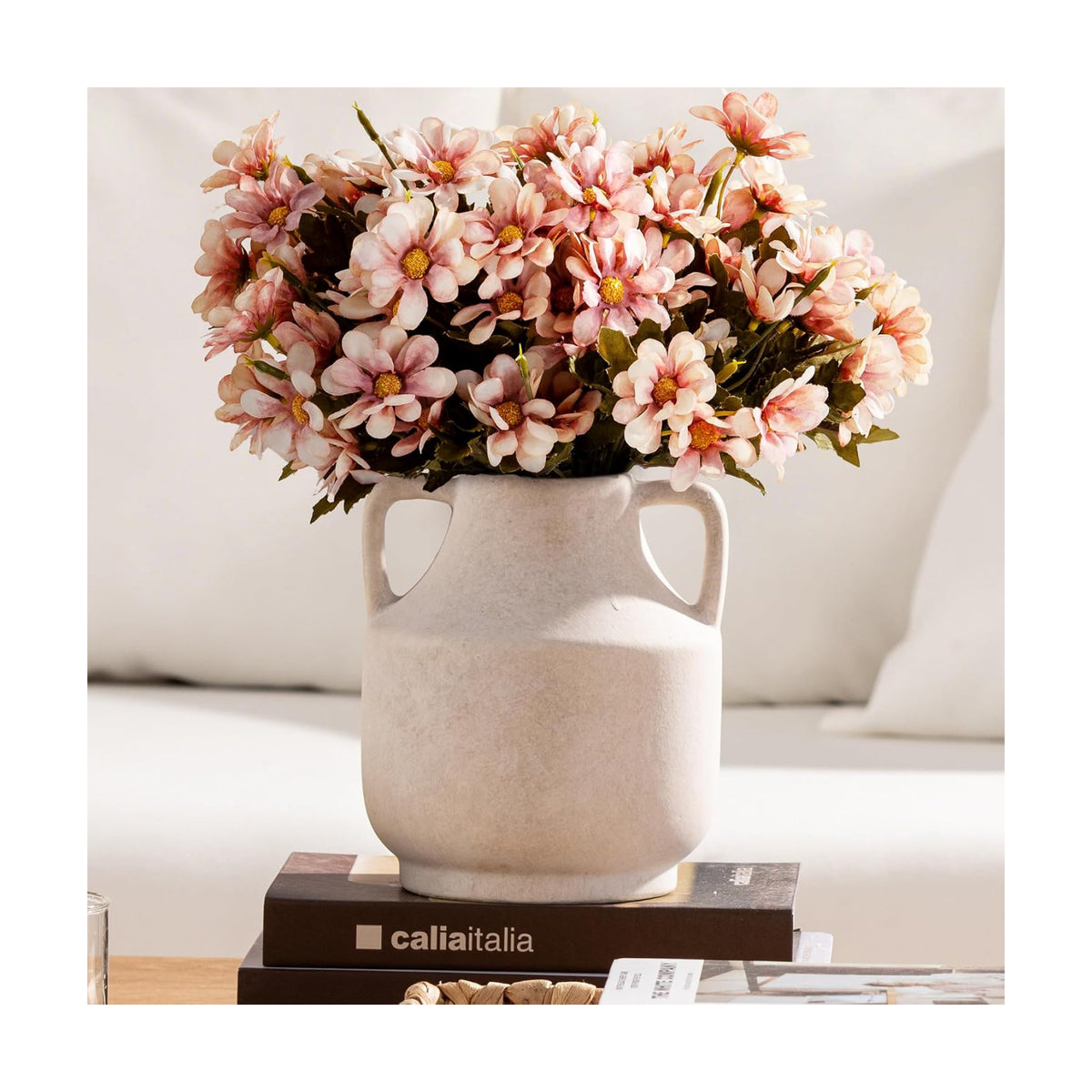 Mitt&Ditt Ceramic Flower Vase with Handles, 8 inch Tall Off-White Vase, Decorative Terracotta Vases, Farmhouse Rustic Pottery Vases for Home Decor, Living Room, Table