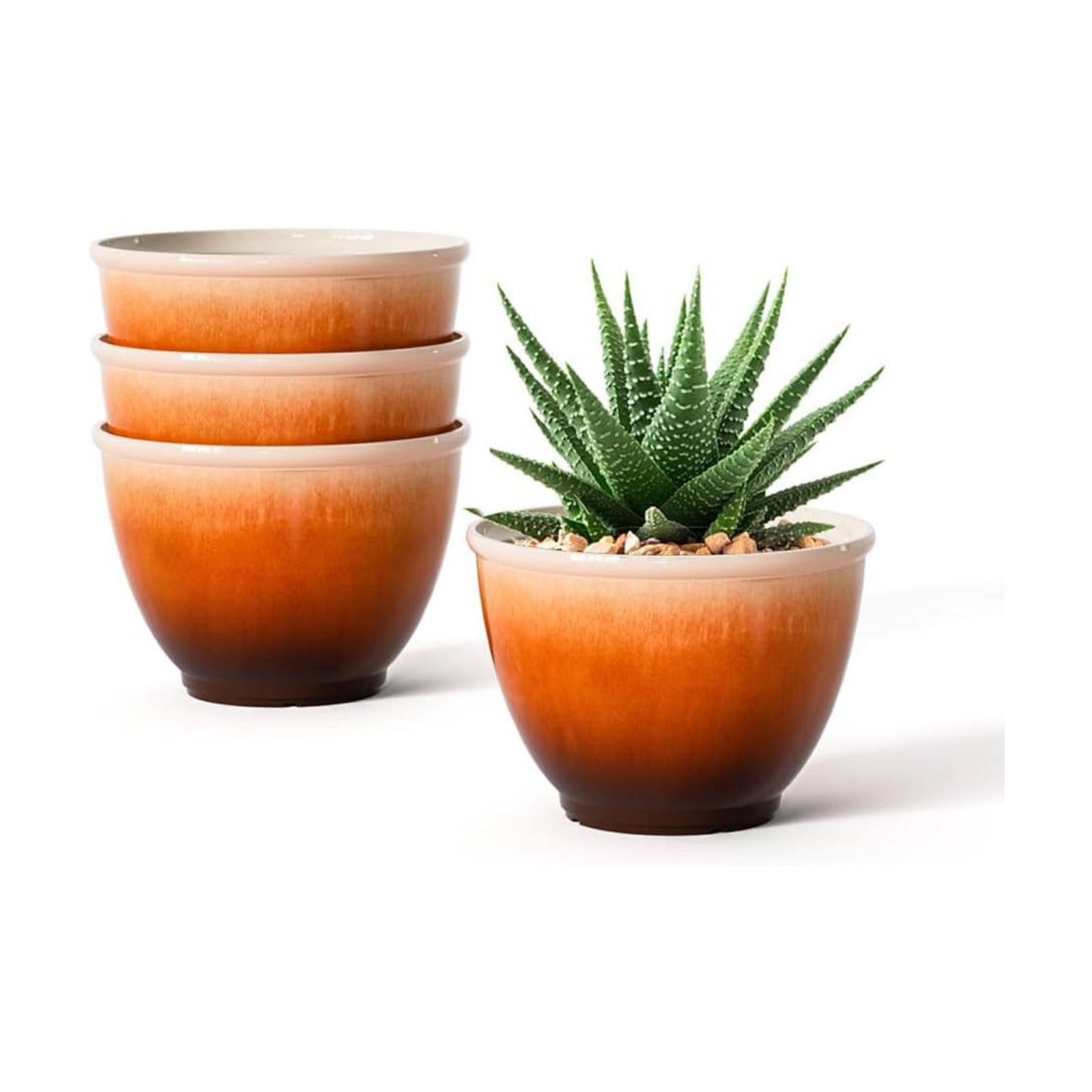 8 Inch Plant Pots Glazed Ceramic Look Planters with Drainage Hole,4 Pack | Modern Decorative Flower Pots for Indoor