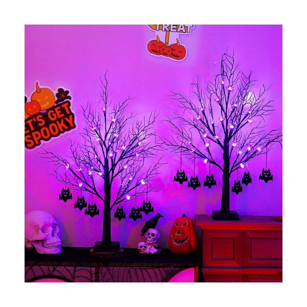 Black Halloween Spooky Trees - 2 Pack 2FT Halloween LED Light Up Tree with 40 Spiders 12 Bats, Auto Timer, Battery/USB Powered, Bendable Branches for Tabletop Indoor Outdoor Decor