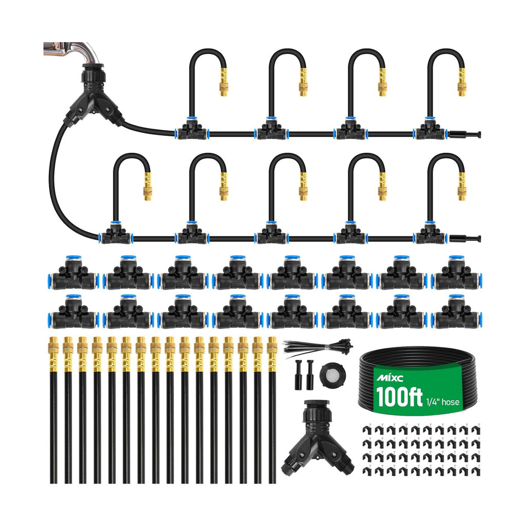 MIXC 1/4" 100Ft Drip Irrigation System for Garden with 16pcs 360°Adjustable Brass Nozzles & Bendable Rod,Upgraded