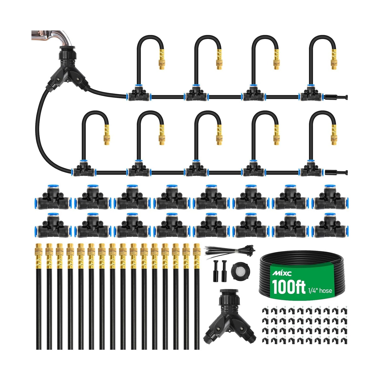 MIXC 1/4" 100Ft Drip Irrigation System for Garden with 16pcs 360°Adjustable Brass Nozzles & Bendable Rod,Upgraded