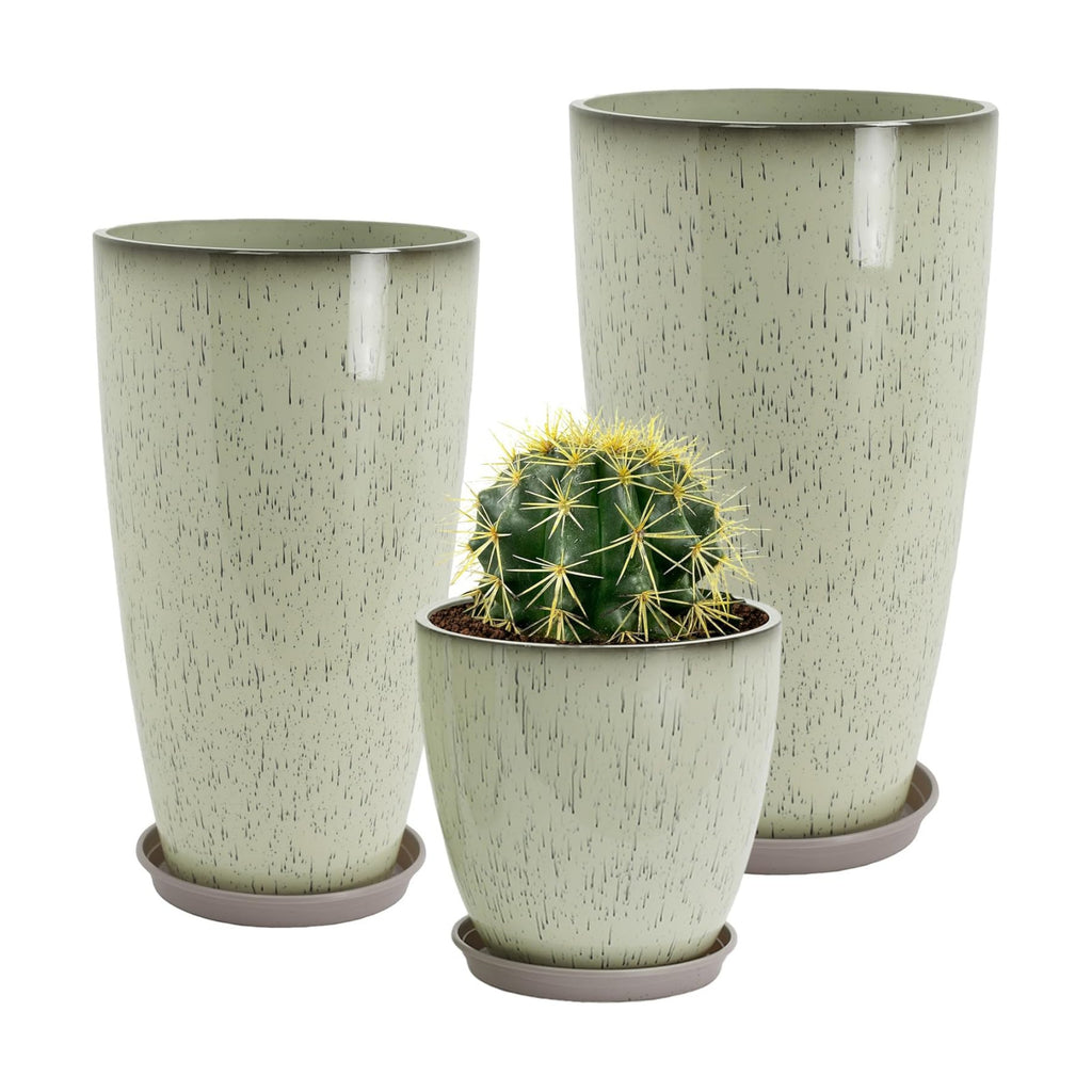 Neoaider Set of 3 Tall Planter, 24/21/12in Large Plastic Planter, DripGlaze | Ceramic-Look, Lightweight, Built-in Drain