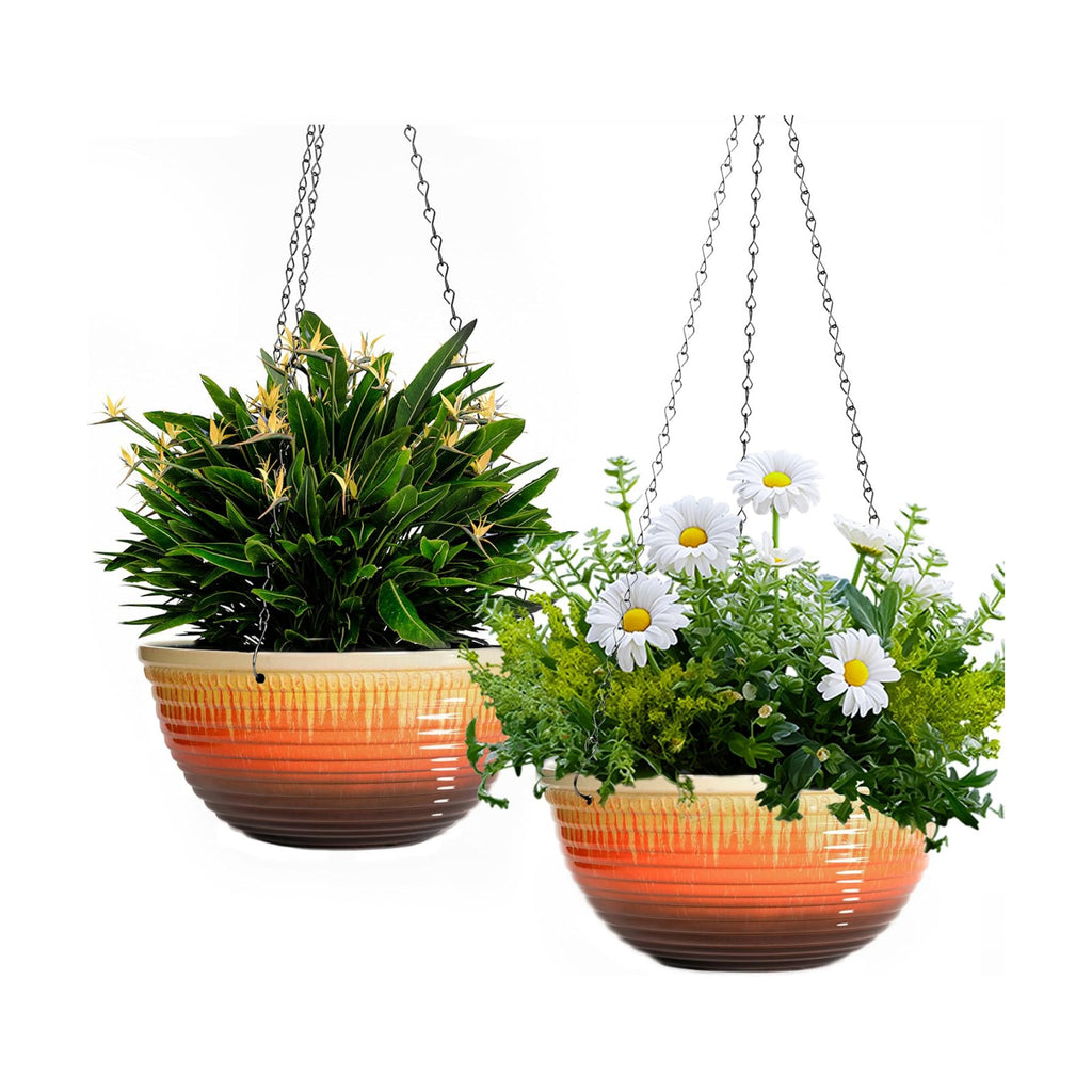 12 inch Large Hanging Planters with Drainage Hole, 2 Pack | Ceramic Look, Hanging Flower Pots for Indoor Outdoor