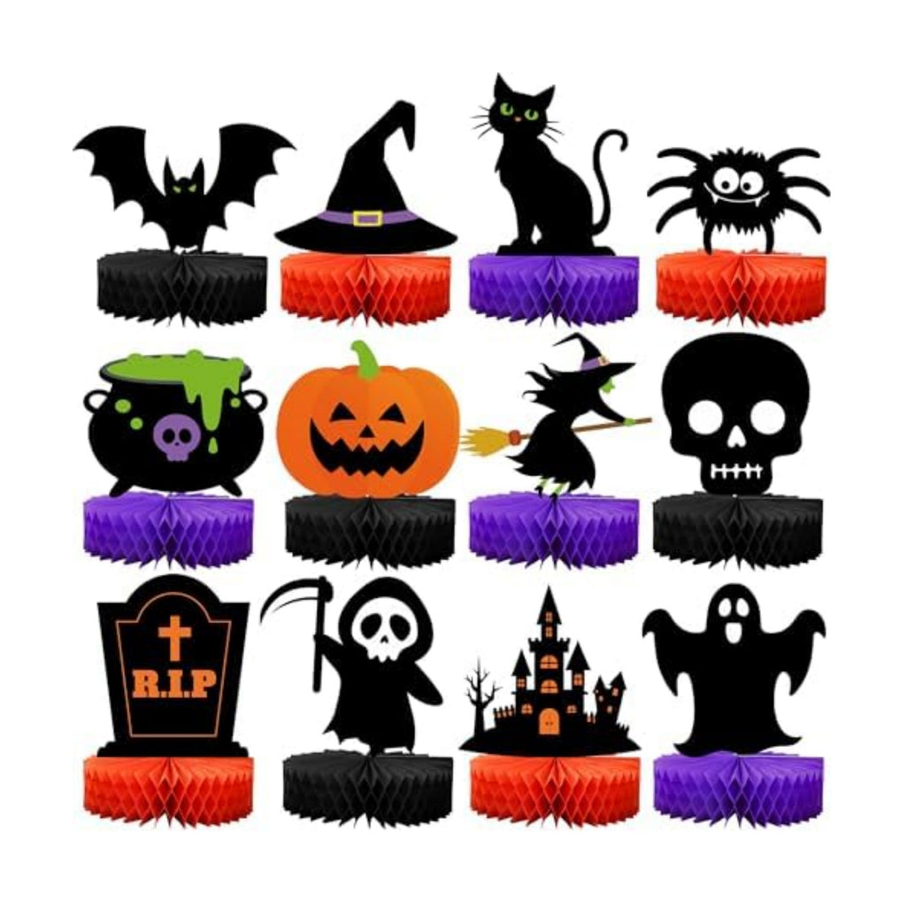 12 Pcs Halloween Honeycomb Centerpieces Halloween Party Table Decorations Black Cat Ghost Bat Pumpkin Witch Table Centerpiece Orange Black Spooky Theme Tables Topper for Halloweens Theme Party Decor