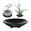 Japanese Ikebana Kit, Ceramic Bowl Vase, Floral Frog Flower Container with Kenzan Needle Straightening Tool, 6.7 Inch & 1.57 Inch Black for Floral Arrangement Art, Home Office Decor