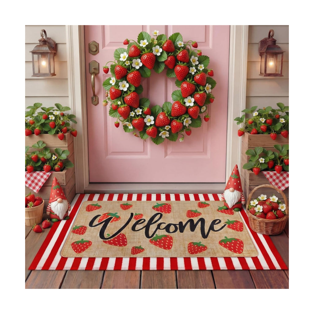 Tinideya 2 Pcs Strawberry Door Mat Set, Outdoor Welcome Front Mat
