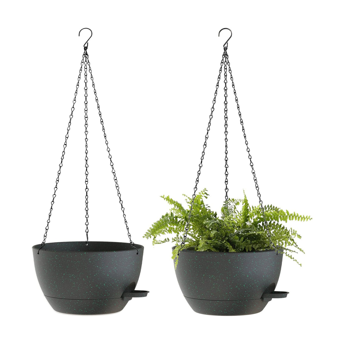 12 Inch Hanging Baskets 2 PC with Chains, Self-Watering Hanging Planters for Indoor Outdoor Plants, Plastic Hanging Flower Pots, Black with Green Speckles