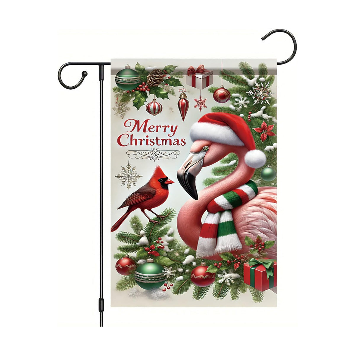 Christmas Garden Flag Flamingo with Cardinal Bird Flag 12x18 Inch Outdoor Double Sided Winter Seasonal Yard Banner Holiday Lawn Decoration Xmas Tree Ornaments for Porch Patio Garden