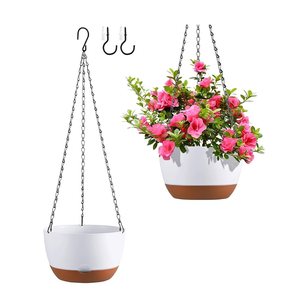 Set of 2-10 Inch Hanging Planters for Indoor Outdoor Plants | Self-Watering Hanging Flower Pots with Drainage Hole &
