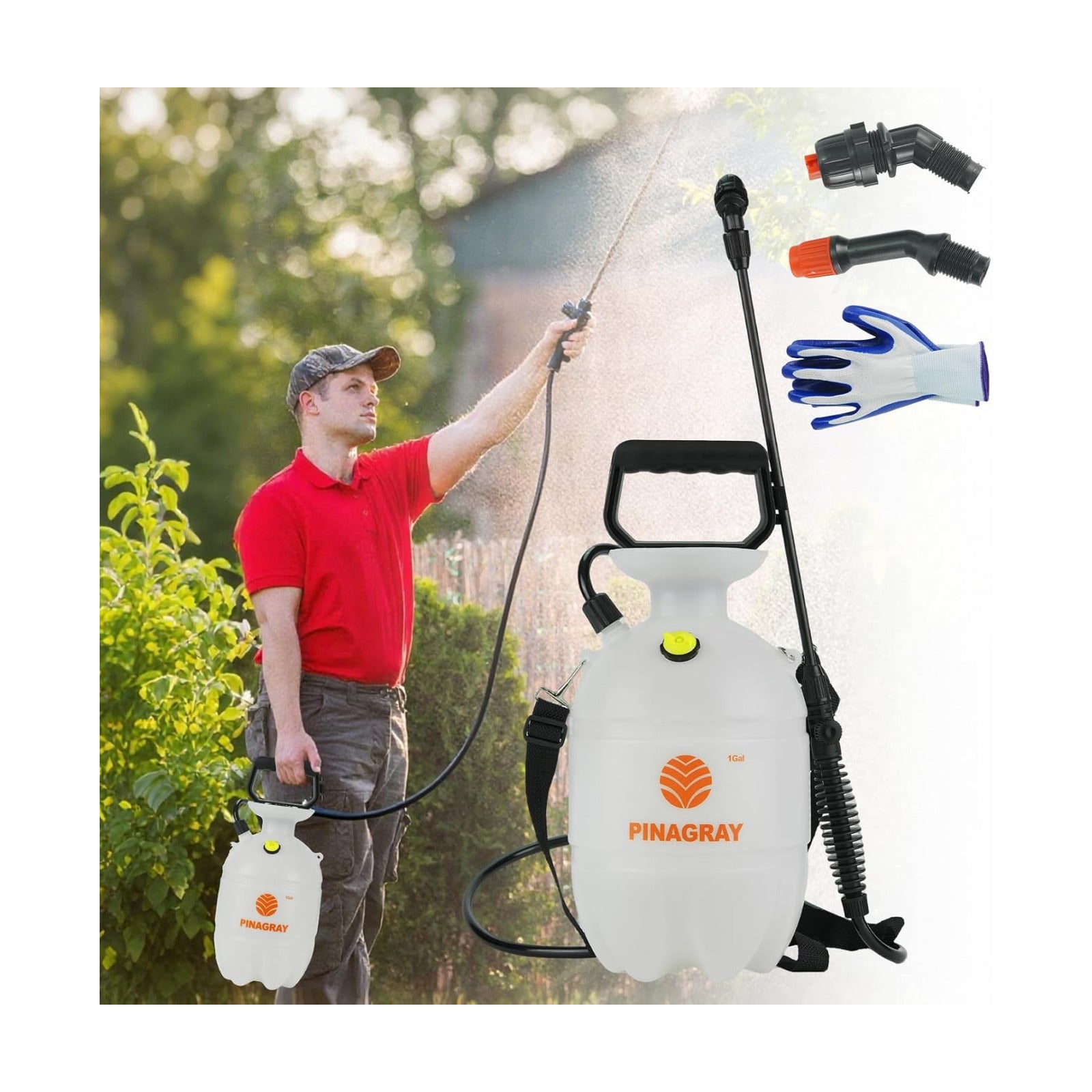 1 Gallon/3.78L Pressure Sprayer - Multi-Use Pump Mister for Garden, Lawn & Home with 2 Nozzles, Shoulder Strap & Gloves