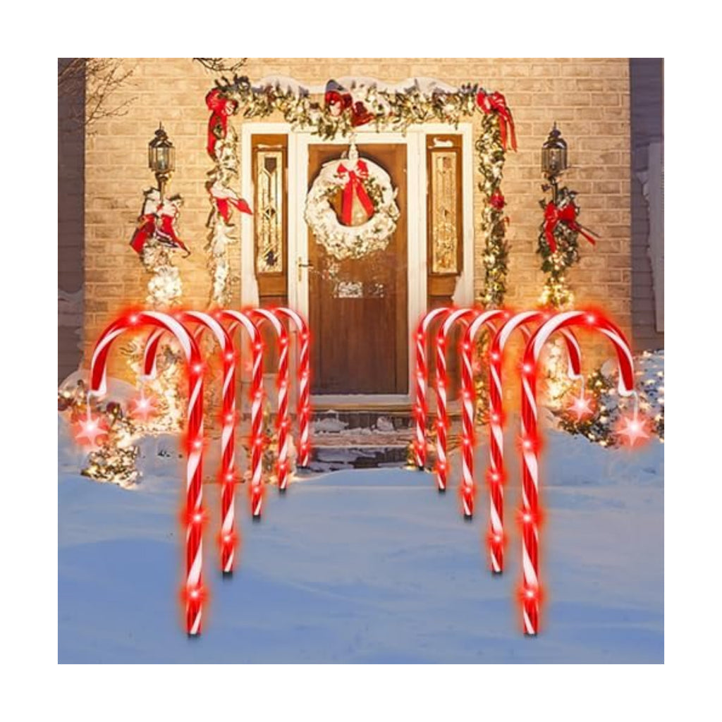 DAMEING 10 Pack 21in Christmas Candy Cane Lights, Pathway Lights Waterproof Christmas Decorations Outdoor 8 Lighting Modes with Buttom Control for Party Patio Landscape Garden Lawn Yard Decor, Red