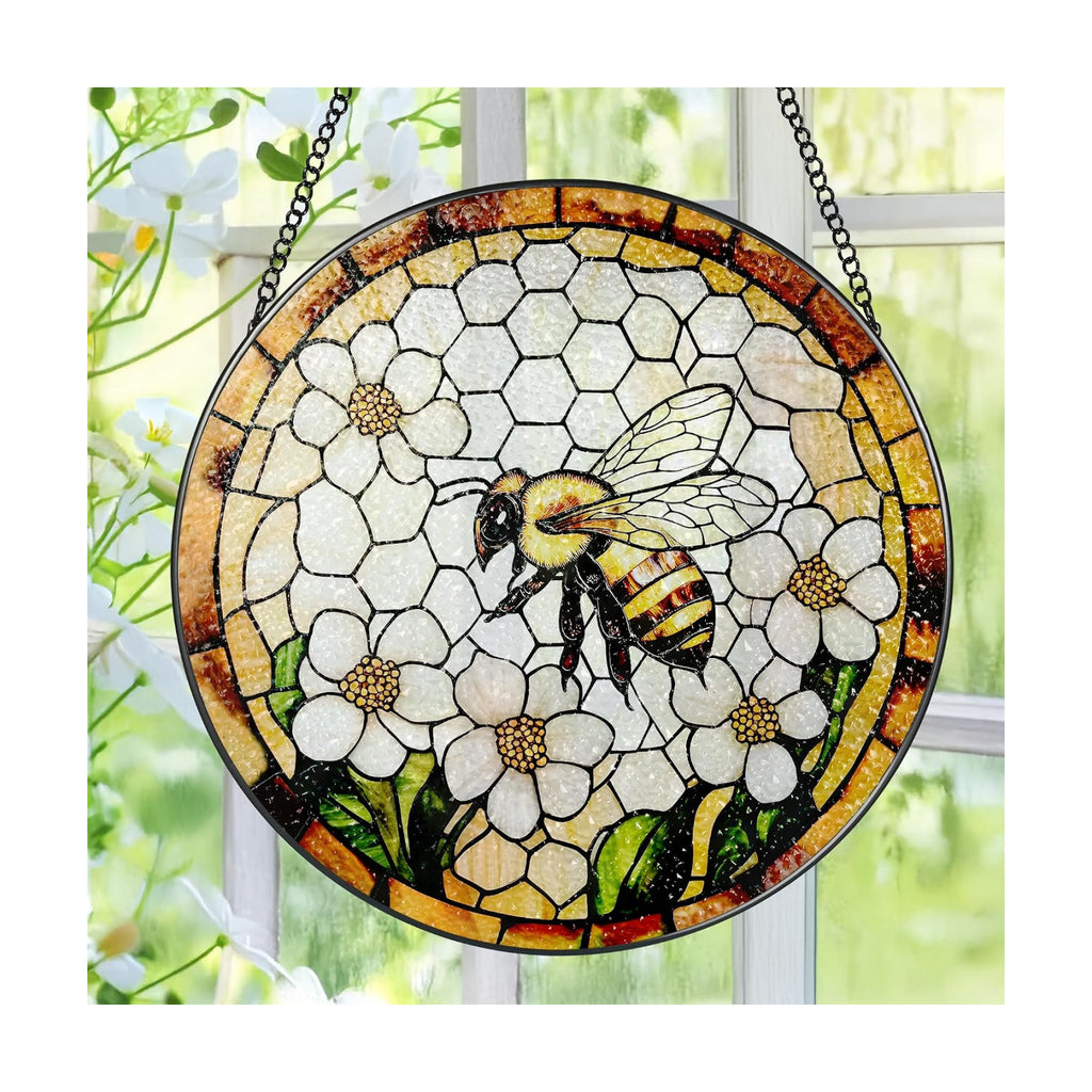 Bee Wildflowers Stained Glass Suncatcher, Stained Glass Window Hanging, 8 Inch Honey Bee Suncatcher, Honeybee Gifts for