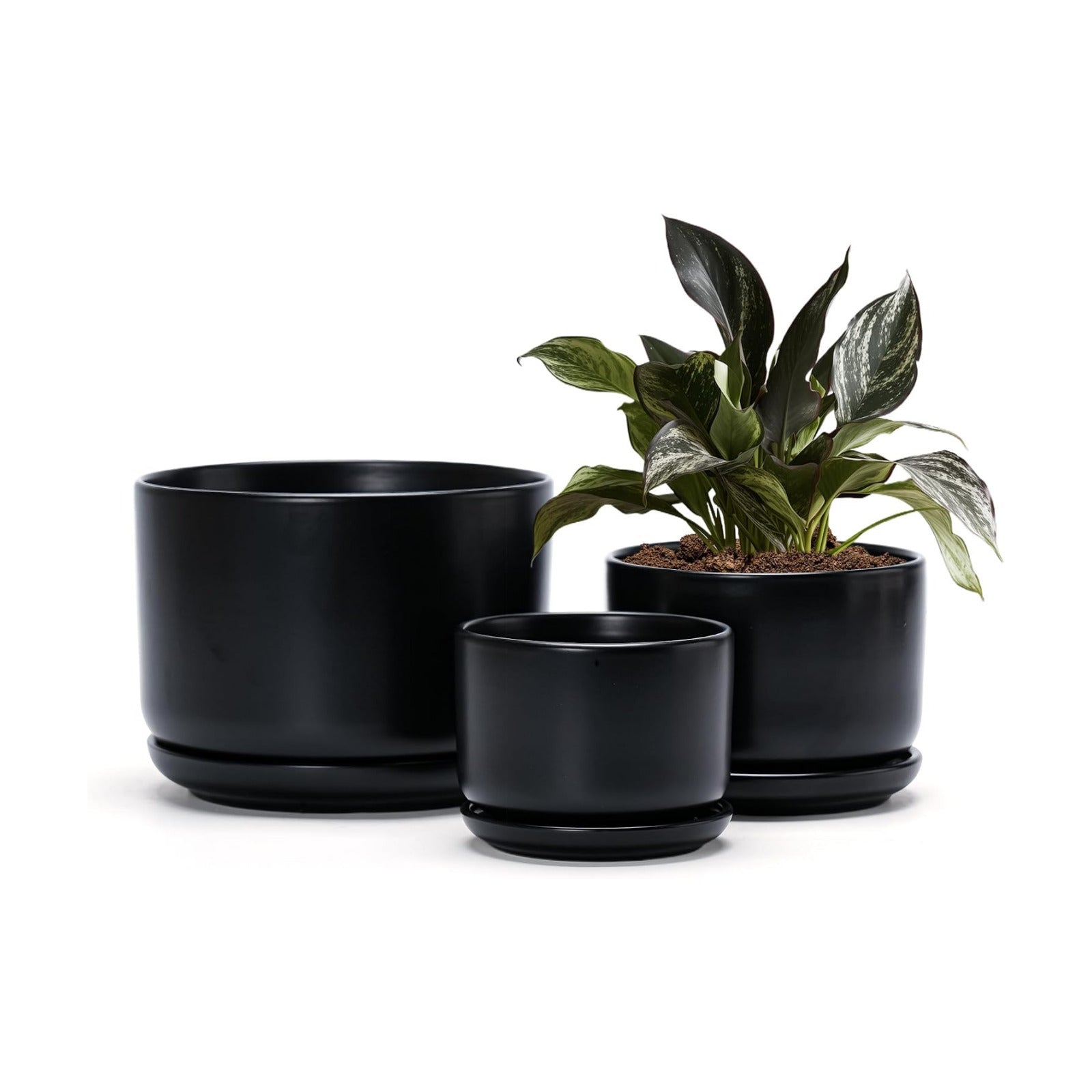 Flower Pots,Ceramic Pots with Drainage Holes & Saucer Set of 3(Matte Black) | Planters for Indoor Plants | Small