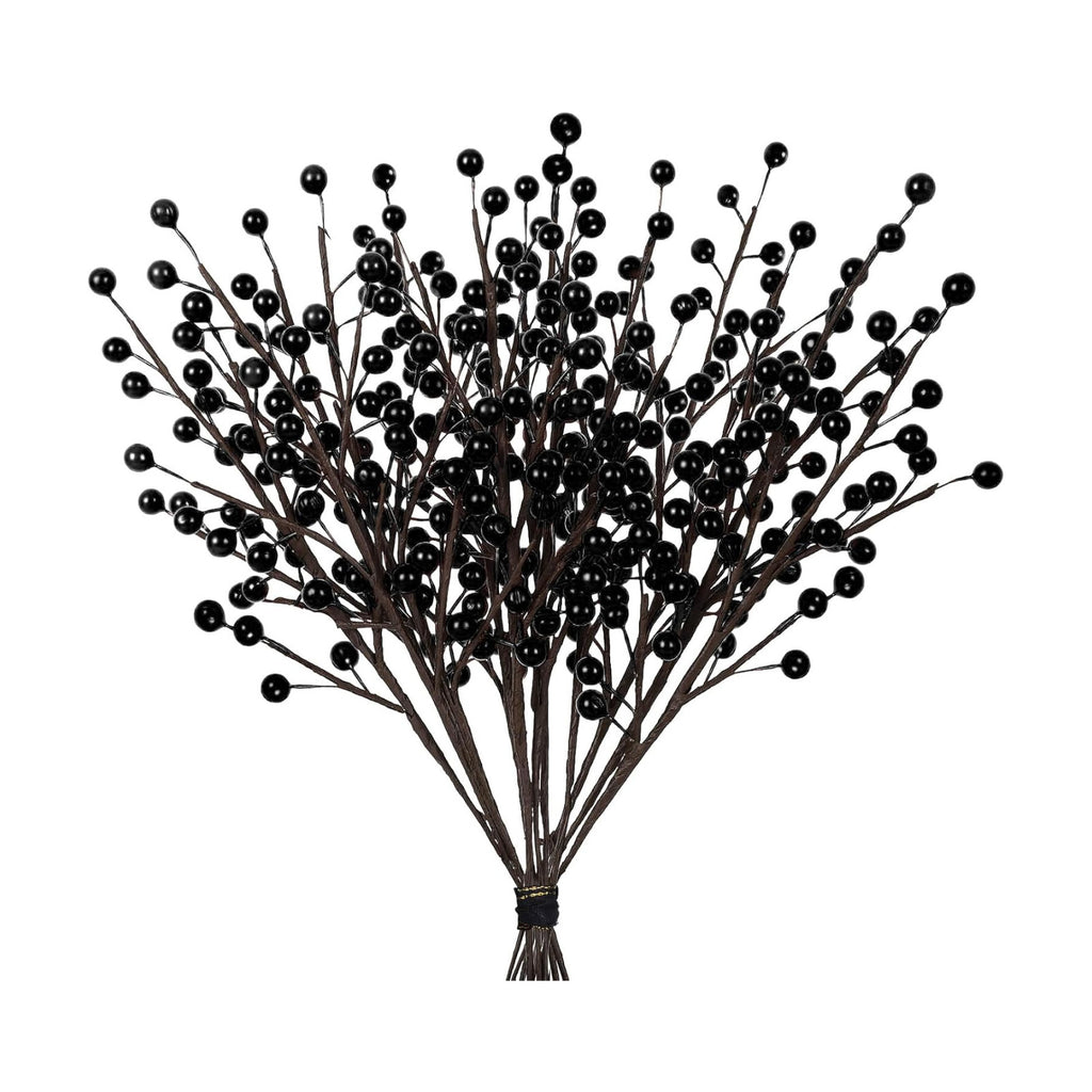 Whaline 12Pcs Halloween Artificial Berry Stem Branches Black Fake Berry Twigs for Indoor Outdoor Home Party DIY Crafts Supplies
