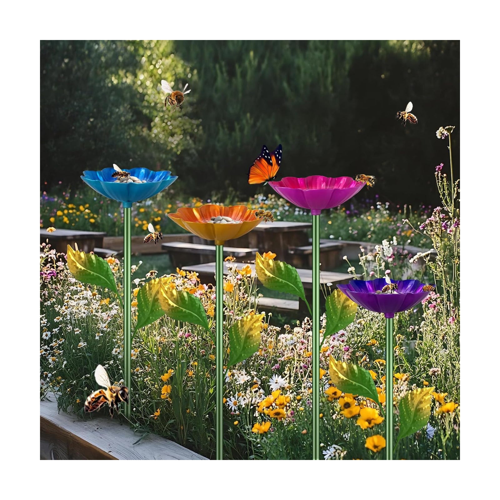 Bee Watering Station, 4 Pack Butterfly Drinking Station with Flower Design for Garden,Colorful Metal Flying Insects