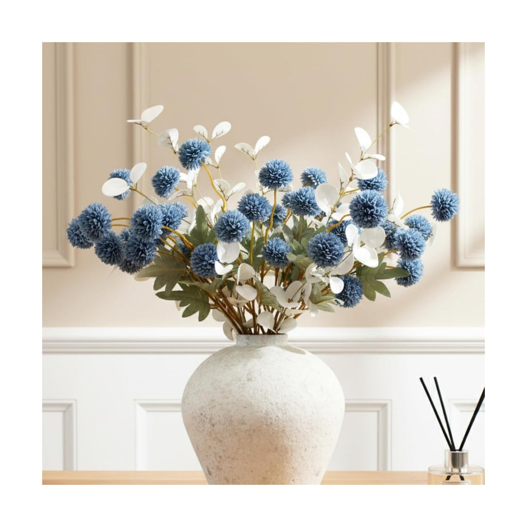 Faux Dusty Blue Flowers, 12 Blue and White Floral Stems For Centerpieces