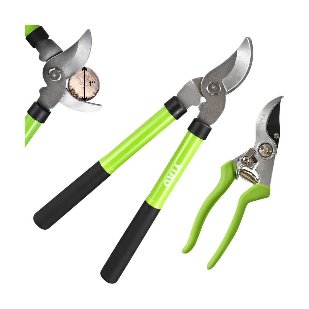 2Pcs High Carbon Steel Bypass Hand Loppers & SK5 Pruning Shears Set | Pruners for Tree Trimming, Garden Clippers