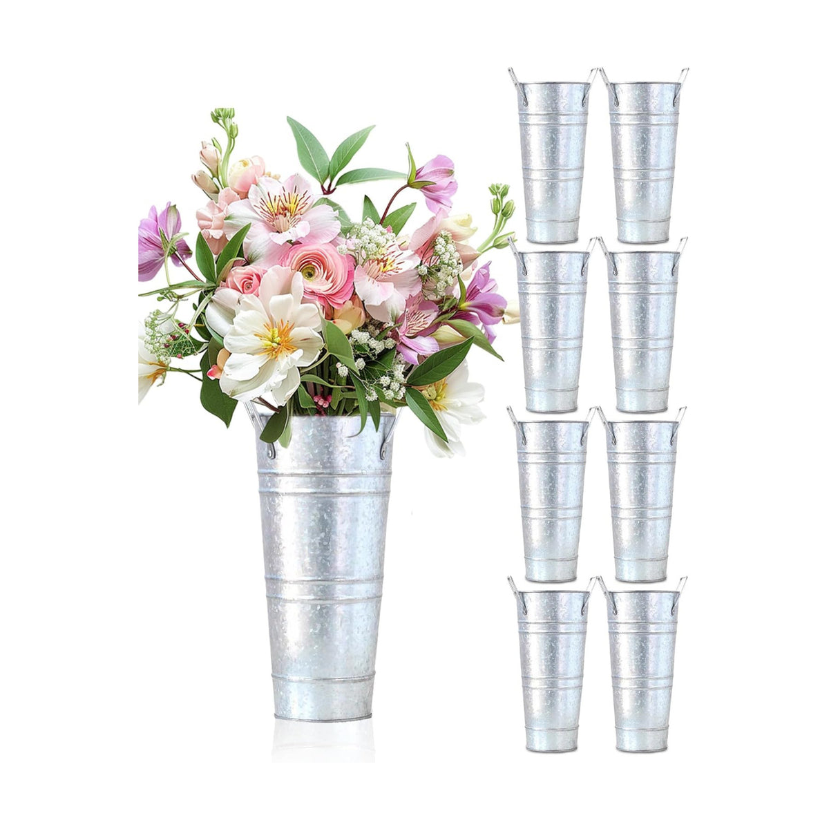 10 Inch Galvanized Flower Buckets, 8 PCS Galvanized Metal Vases for Flowers