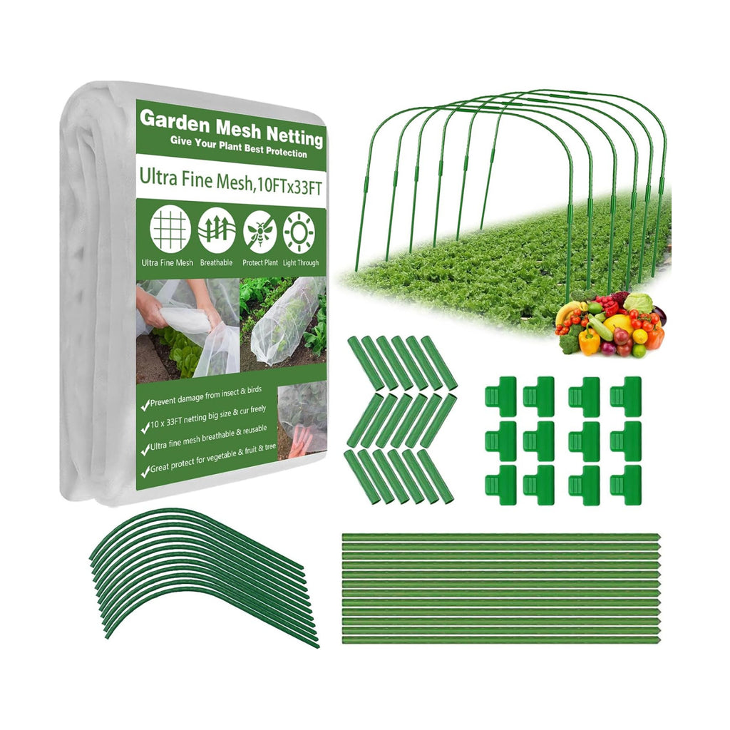Garden Mesh Netting Kit, 10x33FT Ultra Fine Mesh Netting with 6 Sets Fiberglass Garden Hoops & 12 Clips for Tree Fruit