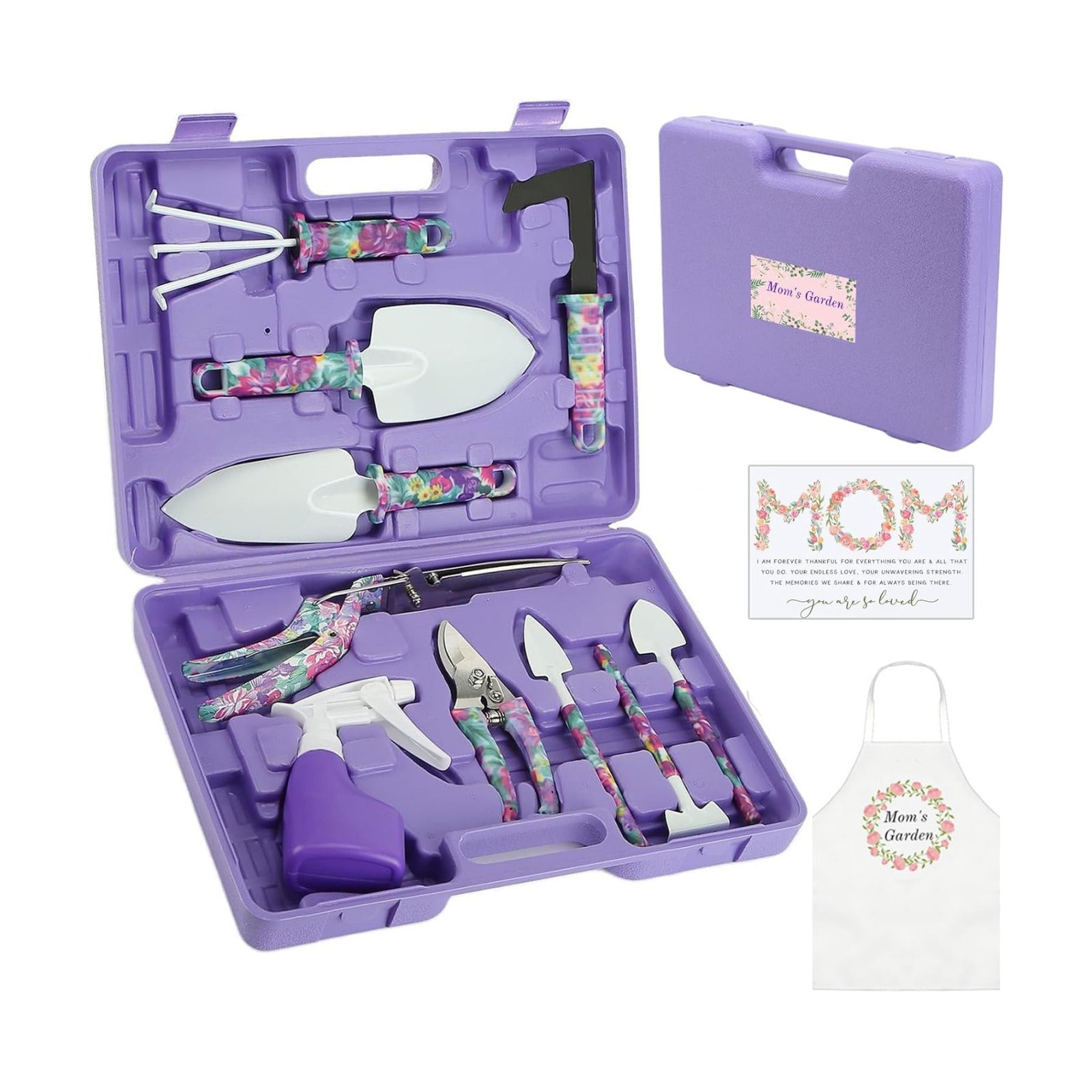 Gardening Gifts for Mom Kit, Garden Hand Tool Set for Women | All-In-One Gardening Kit, Purple Flower Print,Stainless