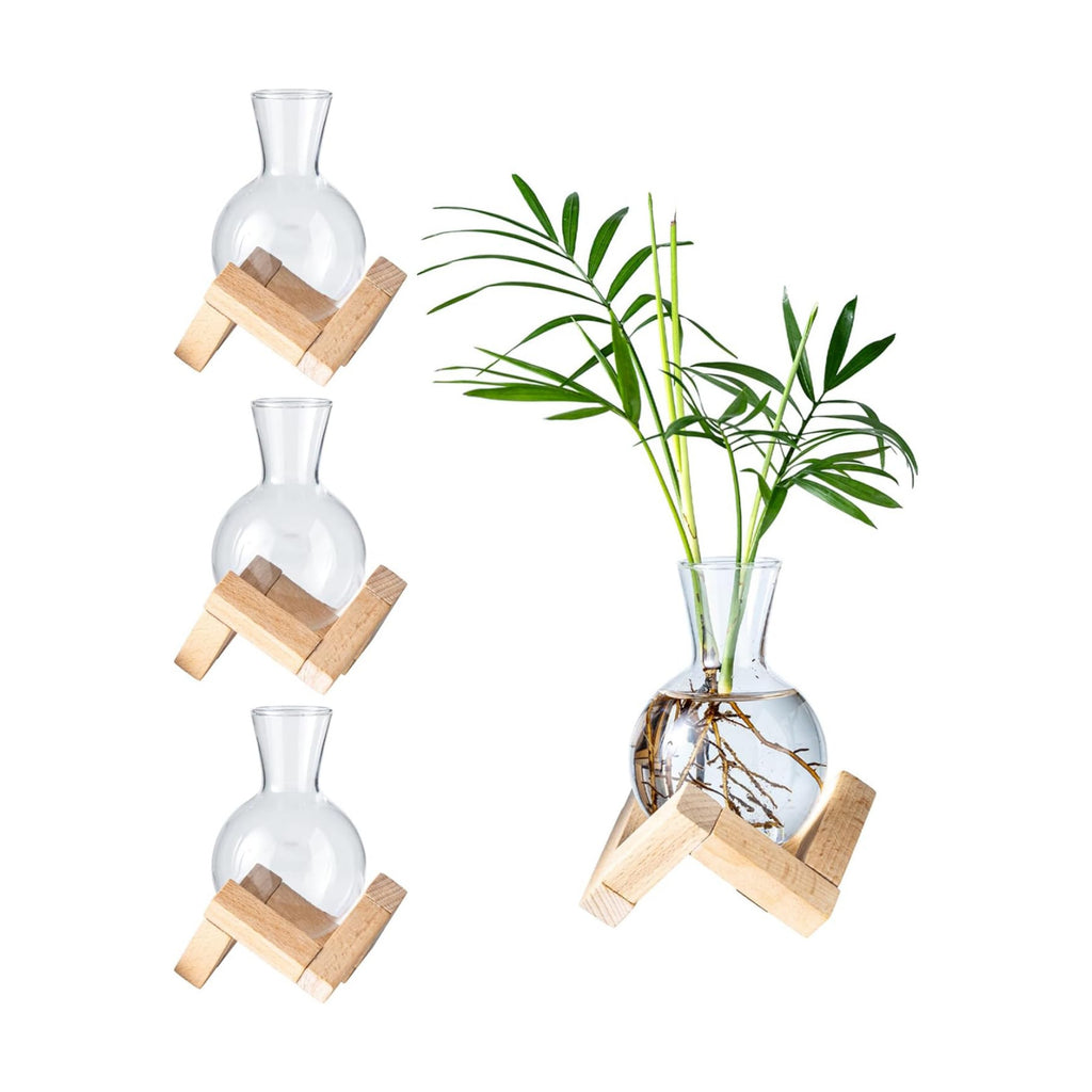 Propagation Stations, Propagation vases with Wooden Stand, Small Tabletop Glass Bulb Vases for Hydroponics Plant Propagation Station Home Office Decoration, Gift for Women Plant Lovers (4)
