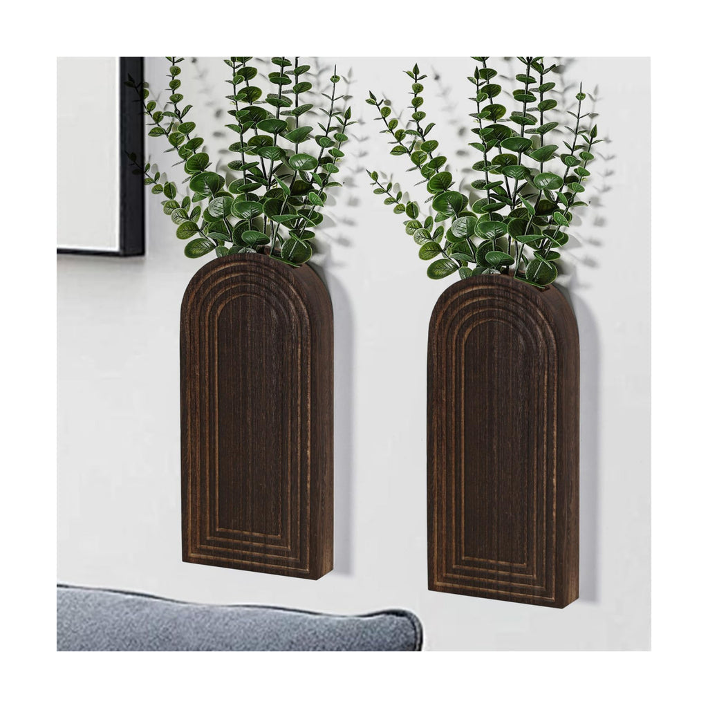 Dnnnii 2 Pack Wooden Wall Vase Set - Dark Brown Finish Modern Farmhouse & Boho Wall Decor for Entryway, Hallway, Bathroom, Living Room, Dining Room, Narrow Spaces