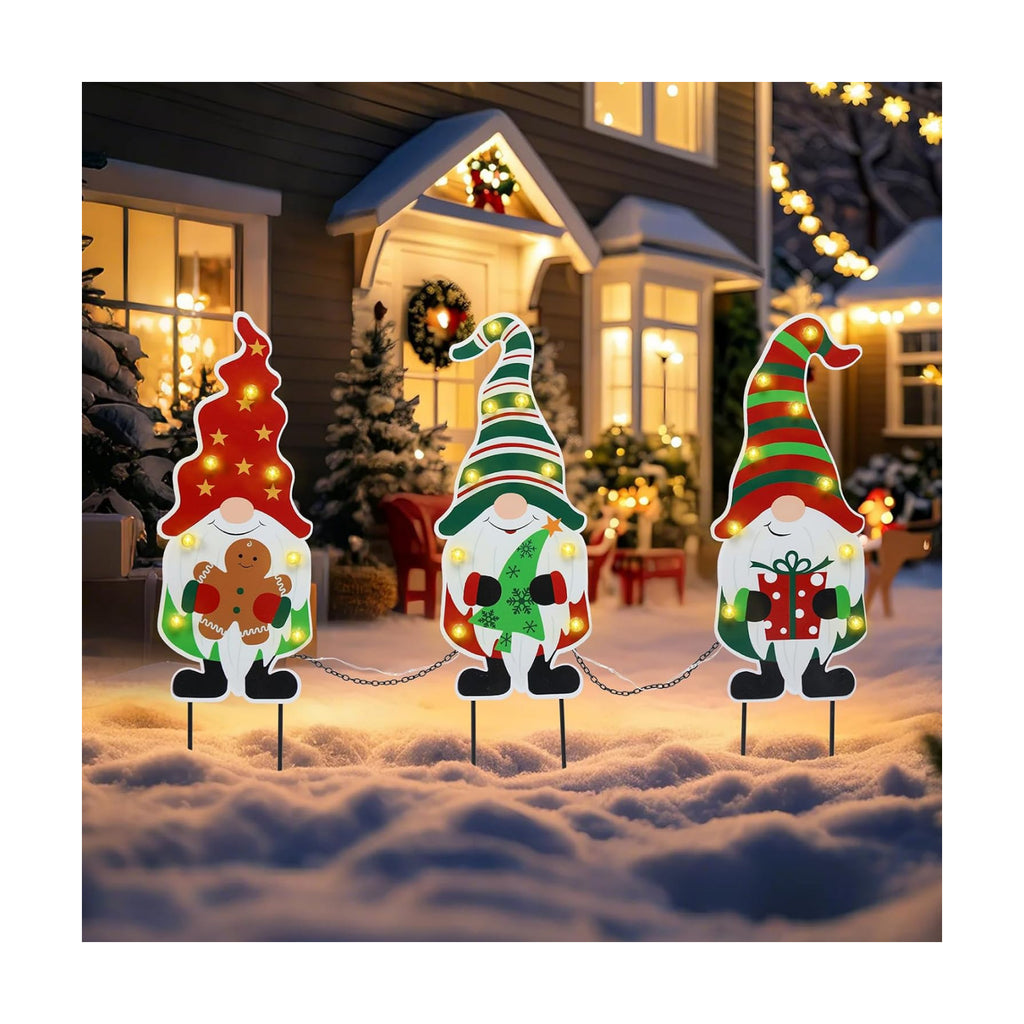 WONDER GARDEN 3 PCS Christmas Gnomes Yard Signs Stake with LED Light Decor