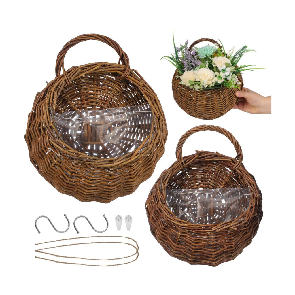 UPKOCH Natural Hanging Wicker Wall Baskets for Plants, 2 Pack | Planter Pockets, Two-Size Hanging Set for Home Walls