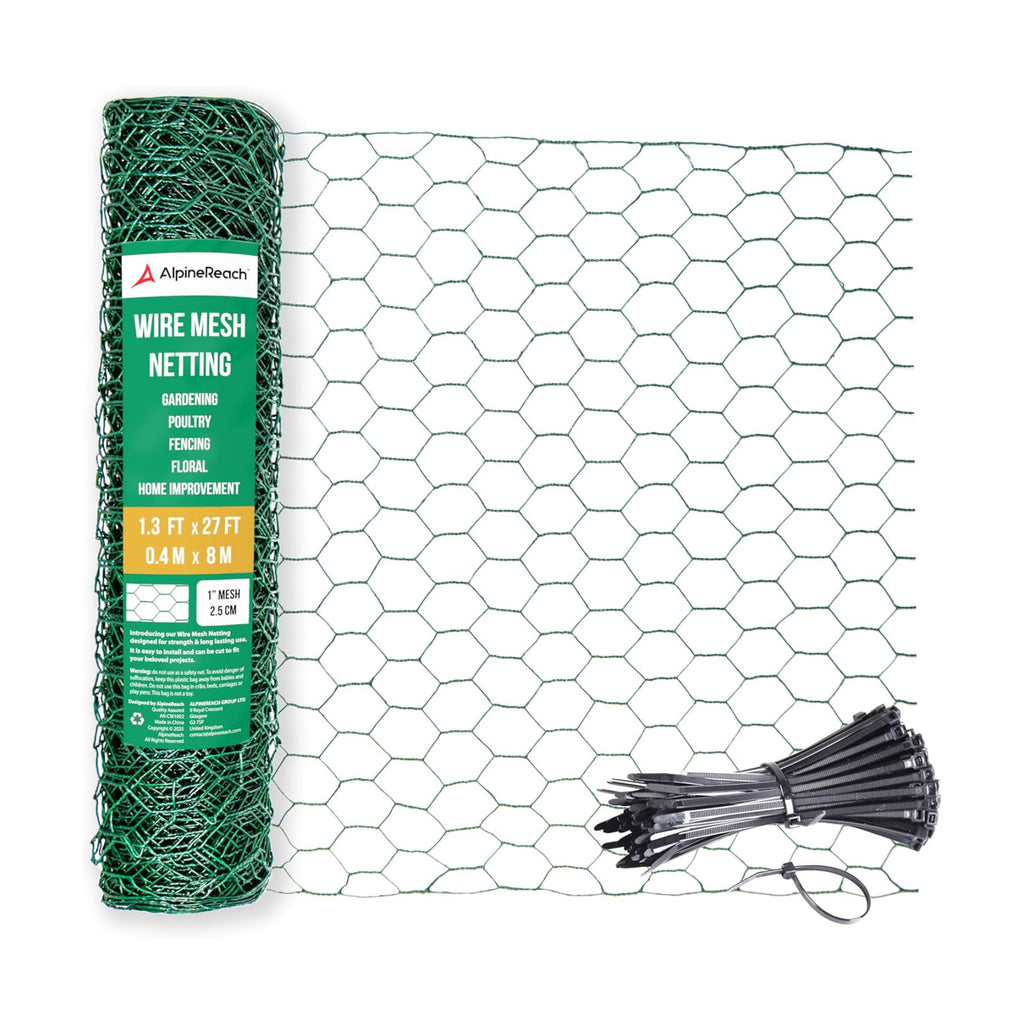 AlpineReach Chicken Wire 1.3ft x 27ft Fencing for Poultry, Crafts, Floral Arrangements, Zip Ties - Green Mesh Roll