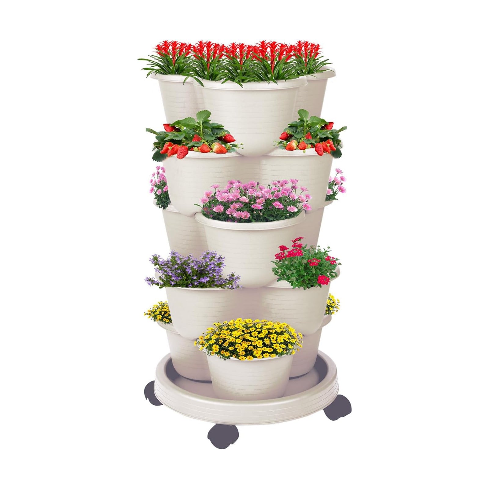5-Tier Vertical Garden Tower Stackable Planter for Strawberries, Flowers, Vegetables & Herbs Beige