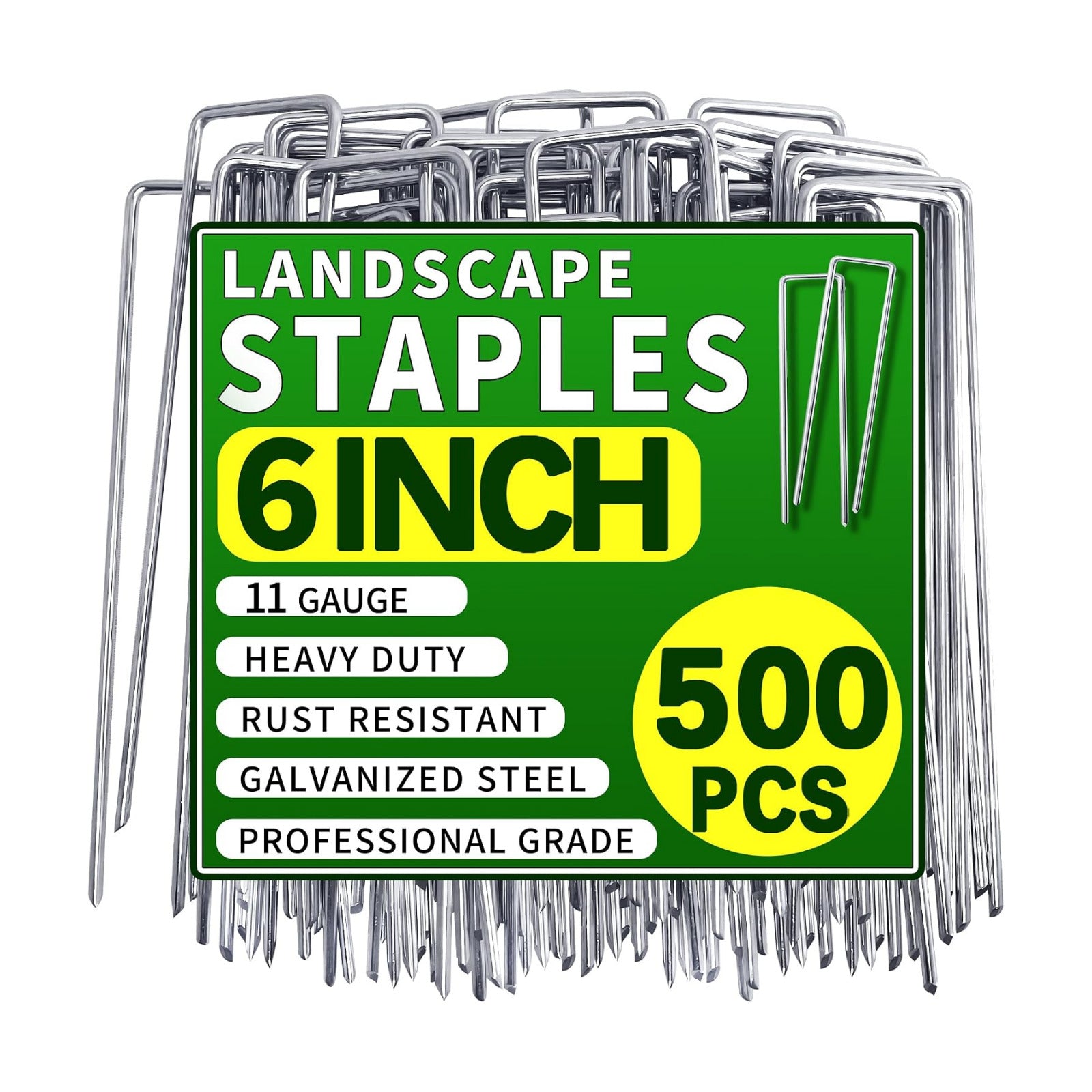 500 Pack Landscape Staples 6 Inch 11 Gauge Garden Stakes | Galvanized Garden Staples Pins Anti-Rust Ground Stakes for