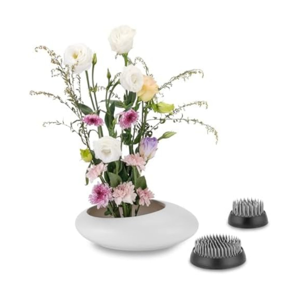 8 Inch Ikebana Vase with Flower Frog White Ceramic Bowl Vases with Silver Stem Holder and Kenzan Straightener Japanese Pebble Shaped Floral Arrangement Bowl for Home Decor