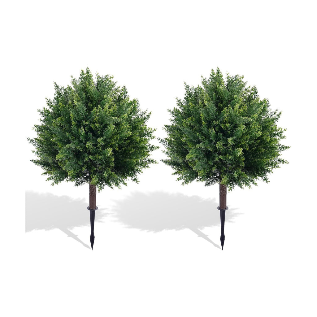 27.6'' Artificial Cedar Topiary Trees with Spikes, Set of 2 Fake Pine Shrubs Bushes Plants UV Resistant Evergreen Faux Cypress Tree for Planter Front Porch Outdoor Spring Decor Pot Fillers