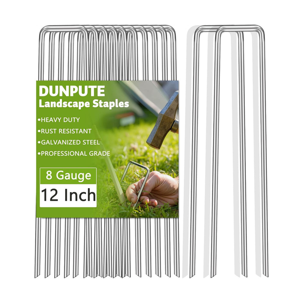 Heavy Duty 12 Inch Galvanized Landscape Staples Stakes, DUNPUTE 100 Pack 8 Gauge Garden Metal Stakes, Ideal for Weed