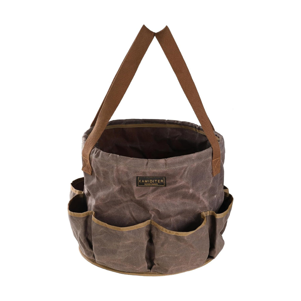 Waxed Canvas Garden Organizer Bag - Waterproof Bucket Tool Bag Portable with Side Pockets, Portable Gardening Tote for