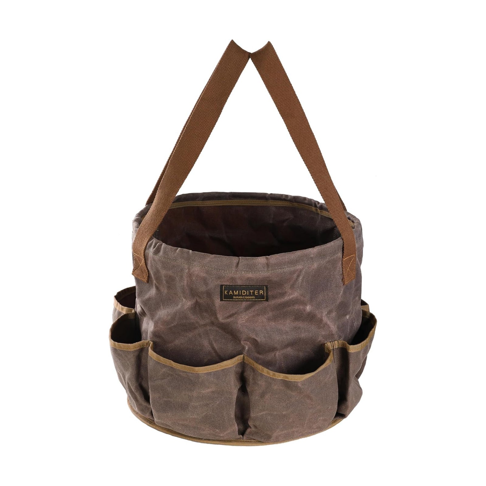 Waxed Canvas Garden Organizer Bag - Waterproof Bucket Tool Bag Portable with Side Pockets, Portable Gardening Tote for