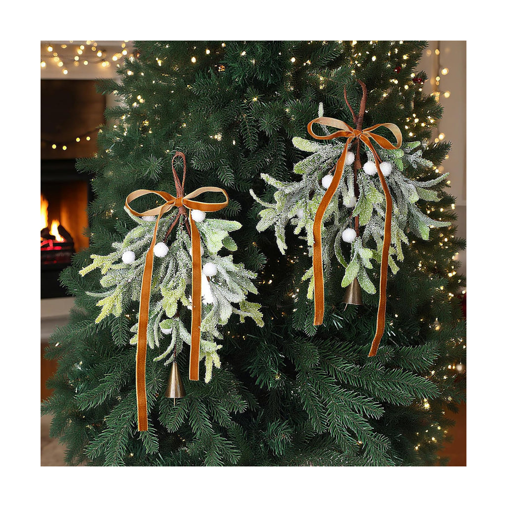 Suncalla 2 Pcs Christmas Mistletoe Ornament Artificial with Bow Bells