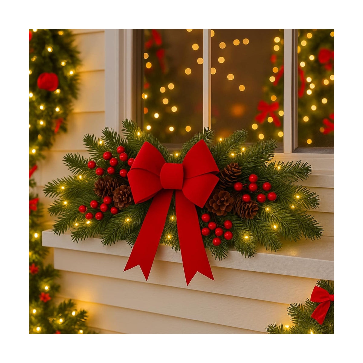 Yalikop 1 Pcs 24.5 Inch Christmas Swags with Light, Red Bow and Berry
