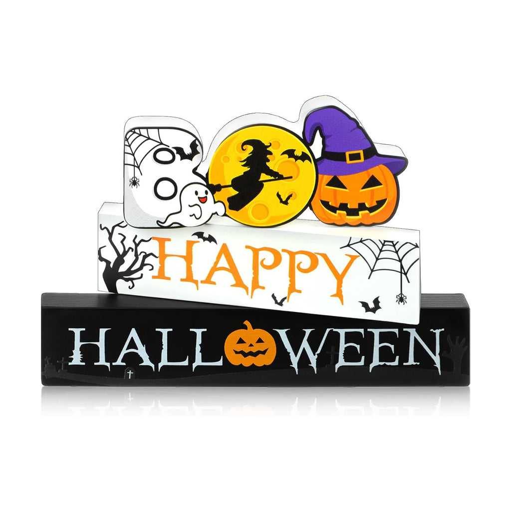 Vicenpal 3 Pcs Halloween Wooden Sign Pumpkin Ghost Witch Table Centerpiece