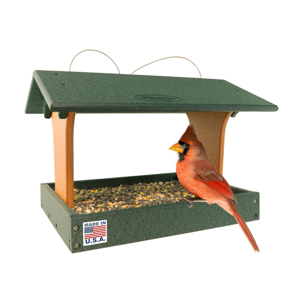 DutchCrafters Plastic Poly Covered Roof Hanging Fly Through Bird Feeder Open Side Platform Seed Tray for Outside Outdoor Garden - Amish American Made in USA (Turf Green & Cedar)