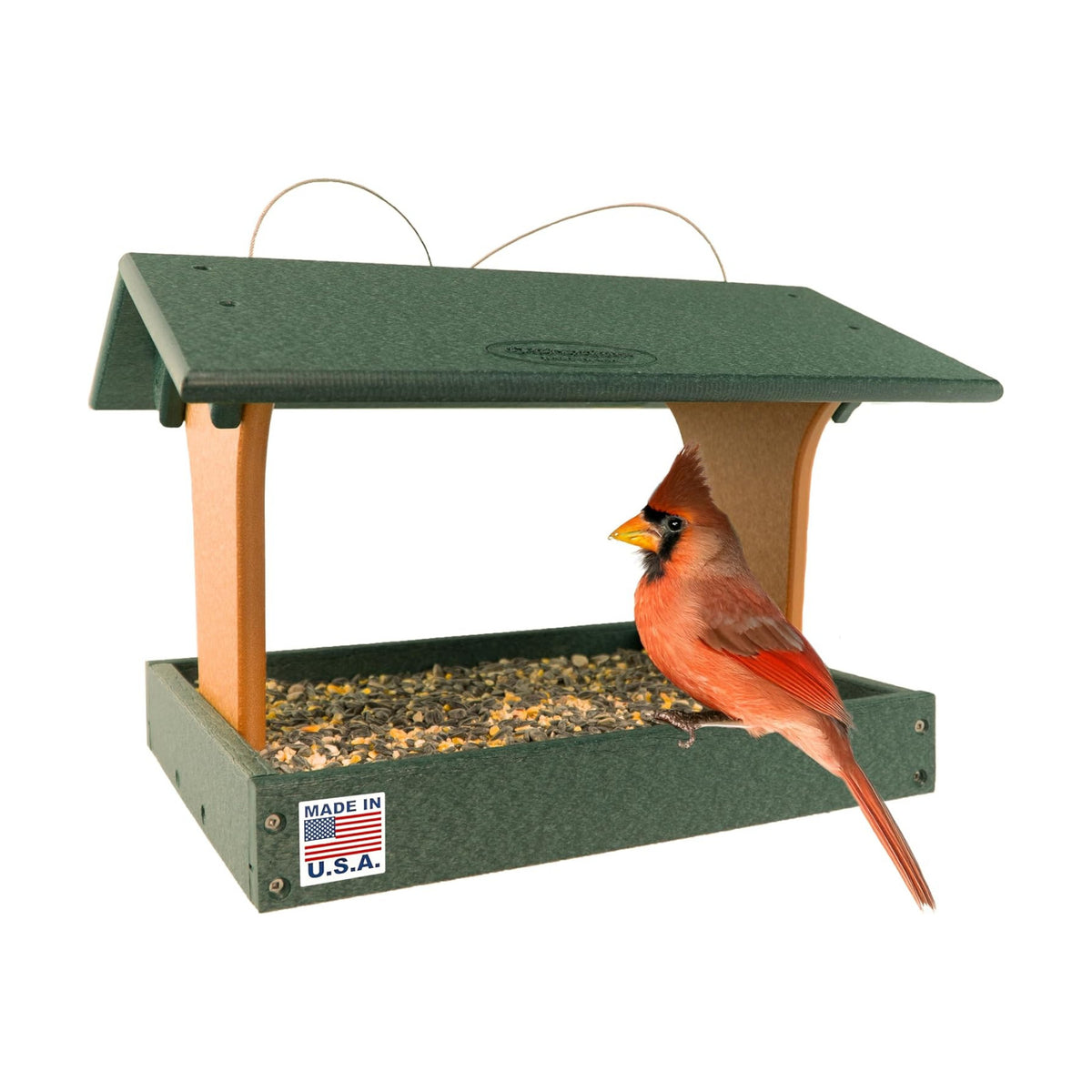DutchCrafters Plastic Poly Covered Roof Hanging Fly Through Bird Feeder Open Side Platform Seed Tray for Outside Outdoor Garden - Amish American Made in USA (Turf Green & Cedar)