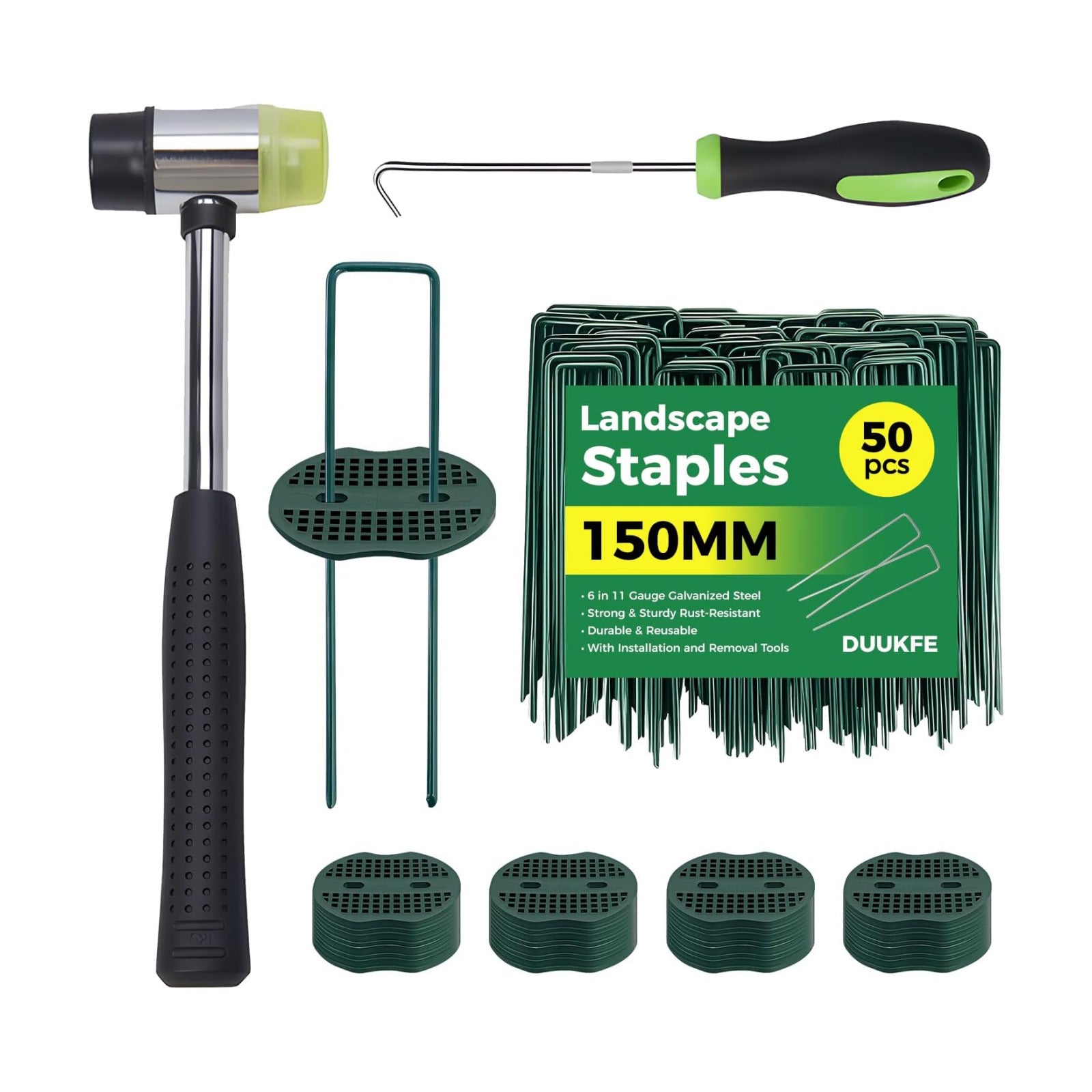50Pcs Garden Staples +50Pcs Gasket +Pick Hook +Rubber Mallet, 6 Inch Landscape Fabric Stakes Galvanized Weed Barrier