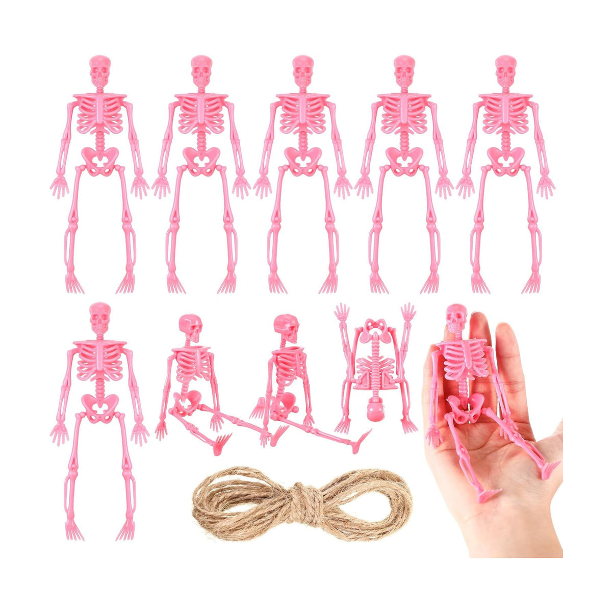 Jetec 6 Pcs Halloween Mini Plastic Skeleton with Jute Rope, Party Favors