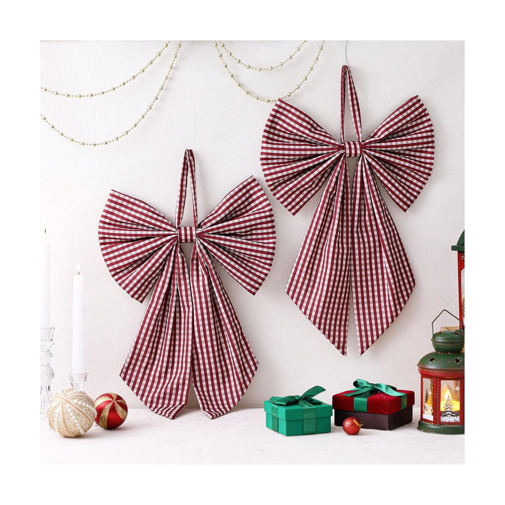 Suncalla 2 Pcs Red White Christmas Plaid Wreath Bows 18'' x 12''