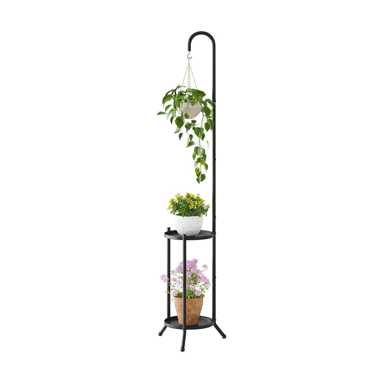2-Tier Metal Plant Stand with Hanging Hook, Indoor Outdoor Plant Shelf,Heavy Duty Plant holder Rustproof Iron Multiple