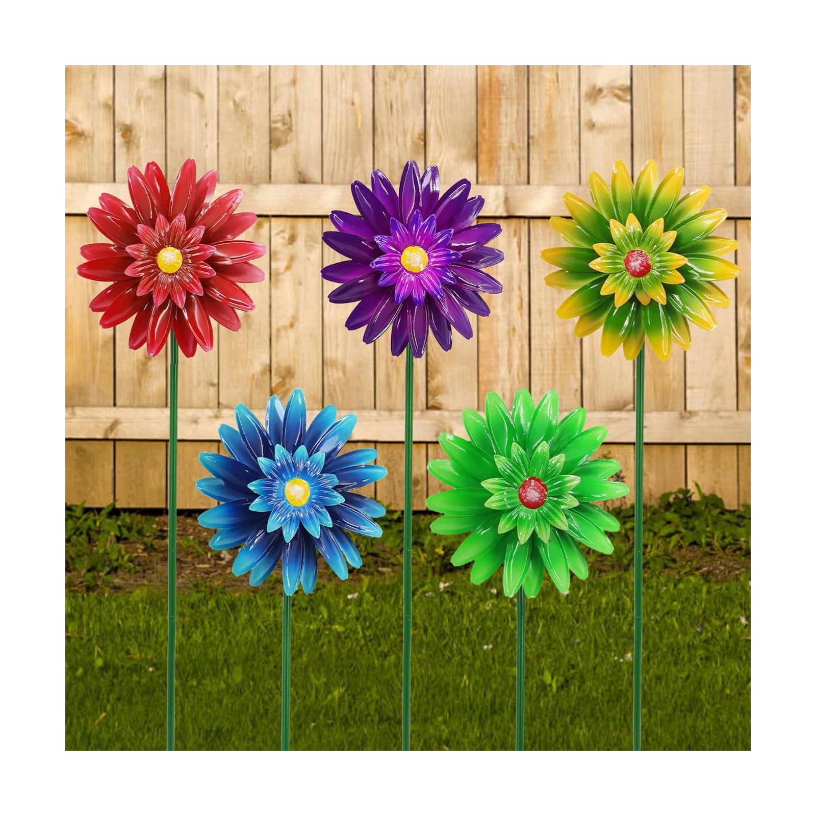 Metal Flower Wind Spinner Garden Stake Yard Art, Lawn Windmill Ornaments | WEIBEFEE; 5 Pieces;Lawn Ornament; 27 Inch