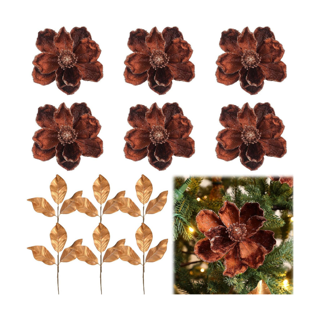 12 Pcs Christmas Magnolia Picks Set Magnolia Flower Leaves, Brown