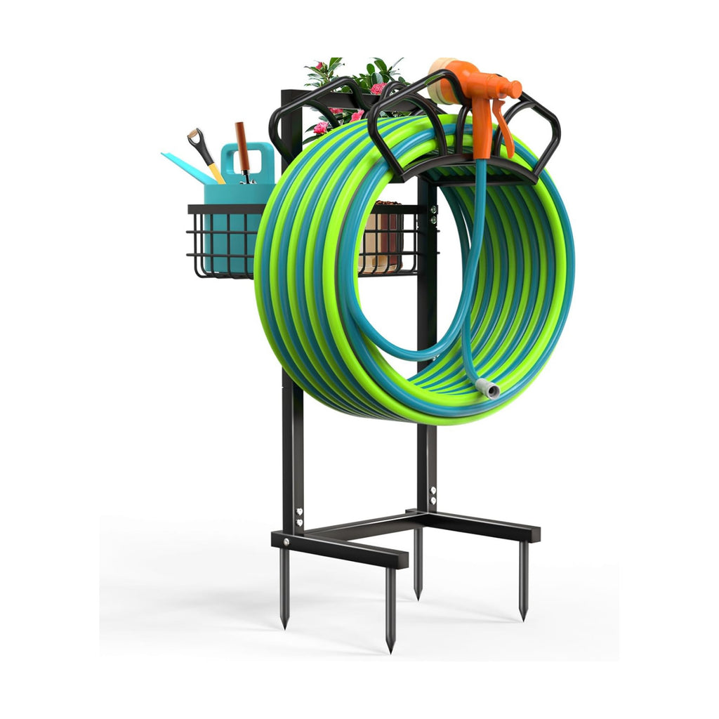 Qatsrin Garden Hose Holder with Large Basket, Heavy Duty Hose Reel, Black | Upgraded Water Hose Storage Stand Holds